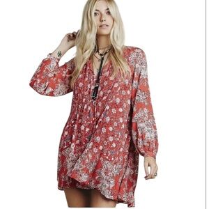 Free People Boho Red Floral Long Sleeve Dress